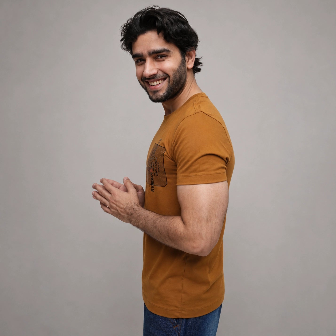 Mustard graphic t shirt side view relaxed fit ADAM