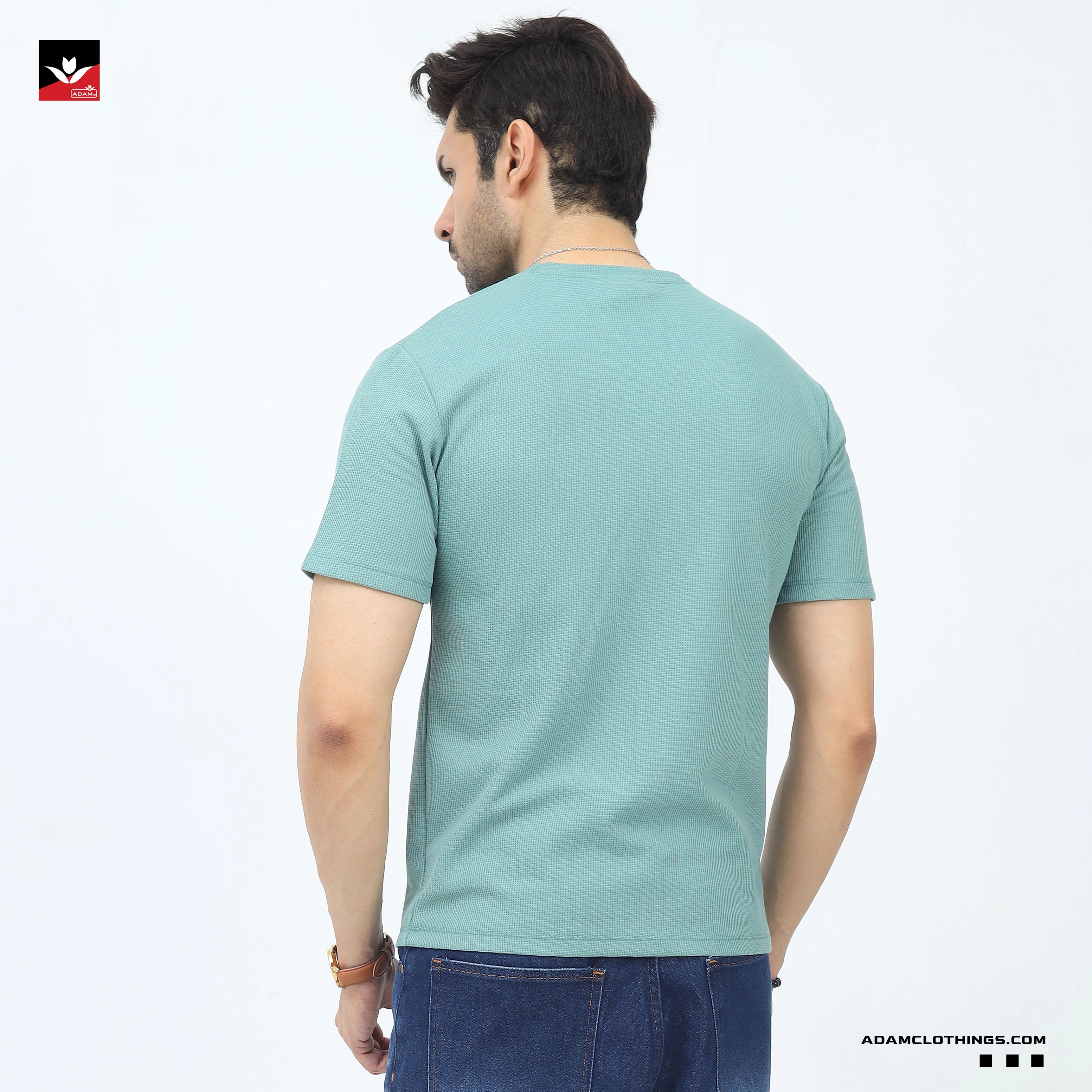WAFFLE KNIT TEXTURED GREEN TEE SHIRT