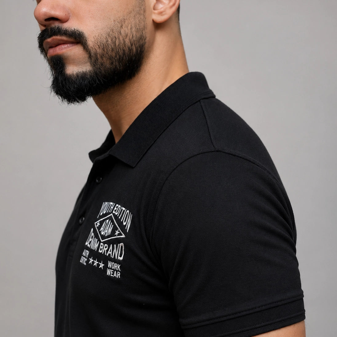Black cotton polo shirt, rib-knit collar detail, men's casual wear