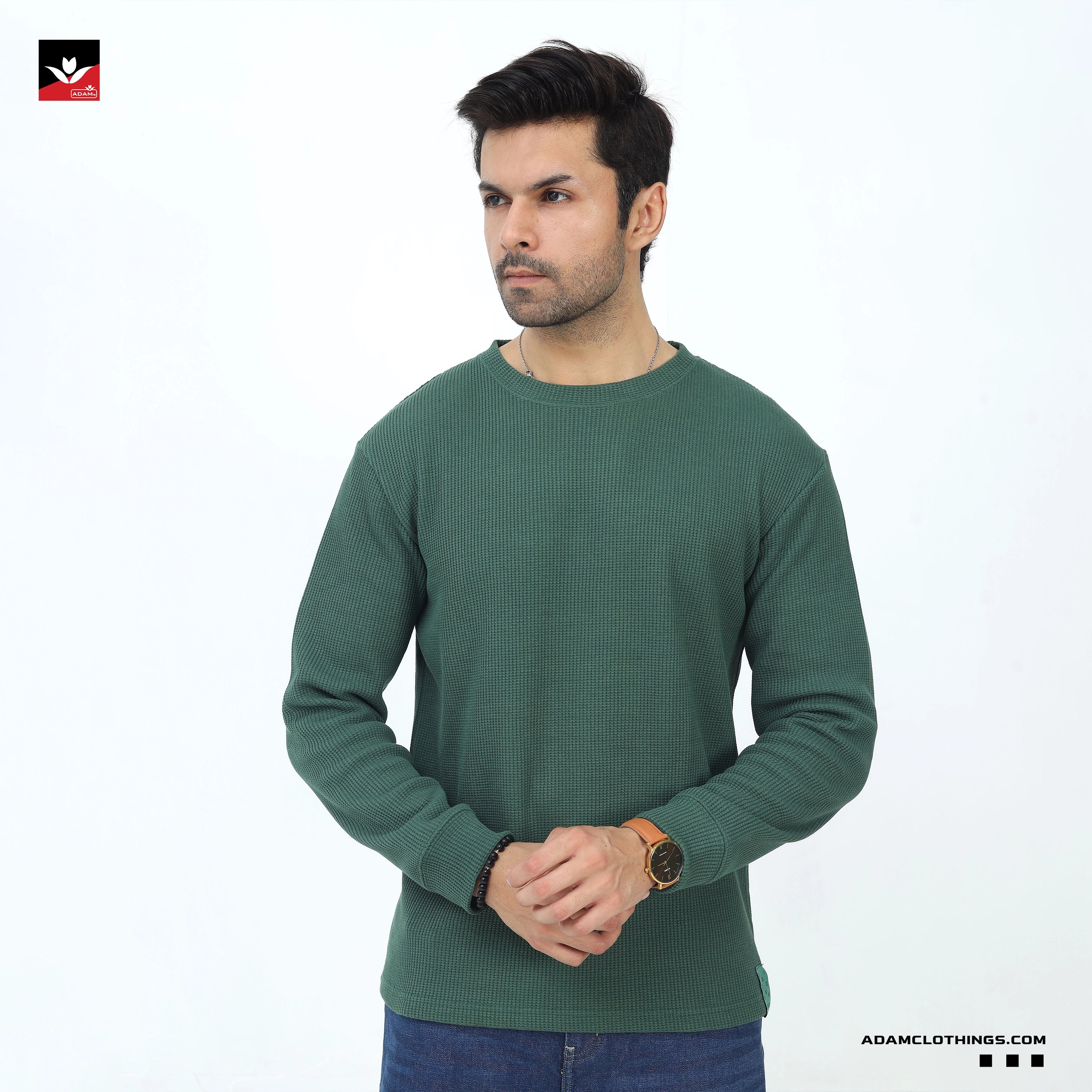 GREEN WAFFLE KNIT TEXTURED SWEATSHIRT