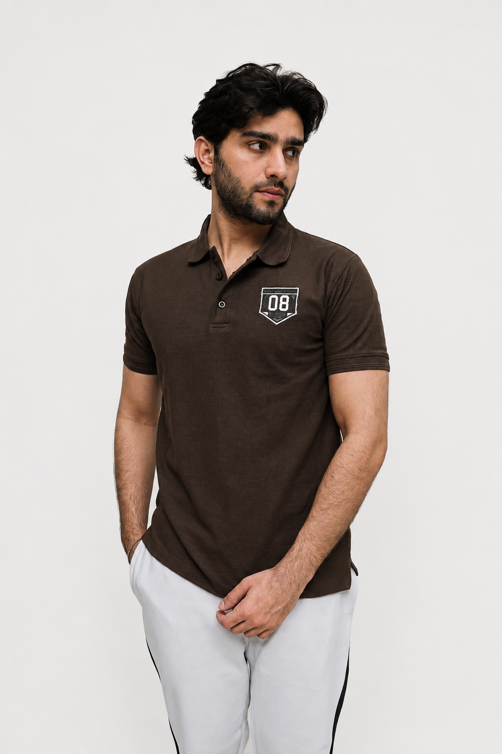 Brown embroidery polo for men, front view, ADAM Clothing