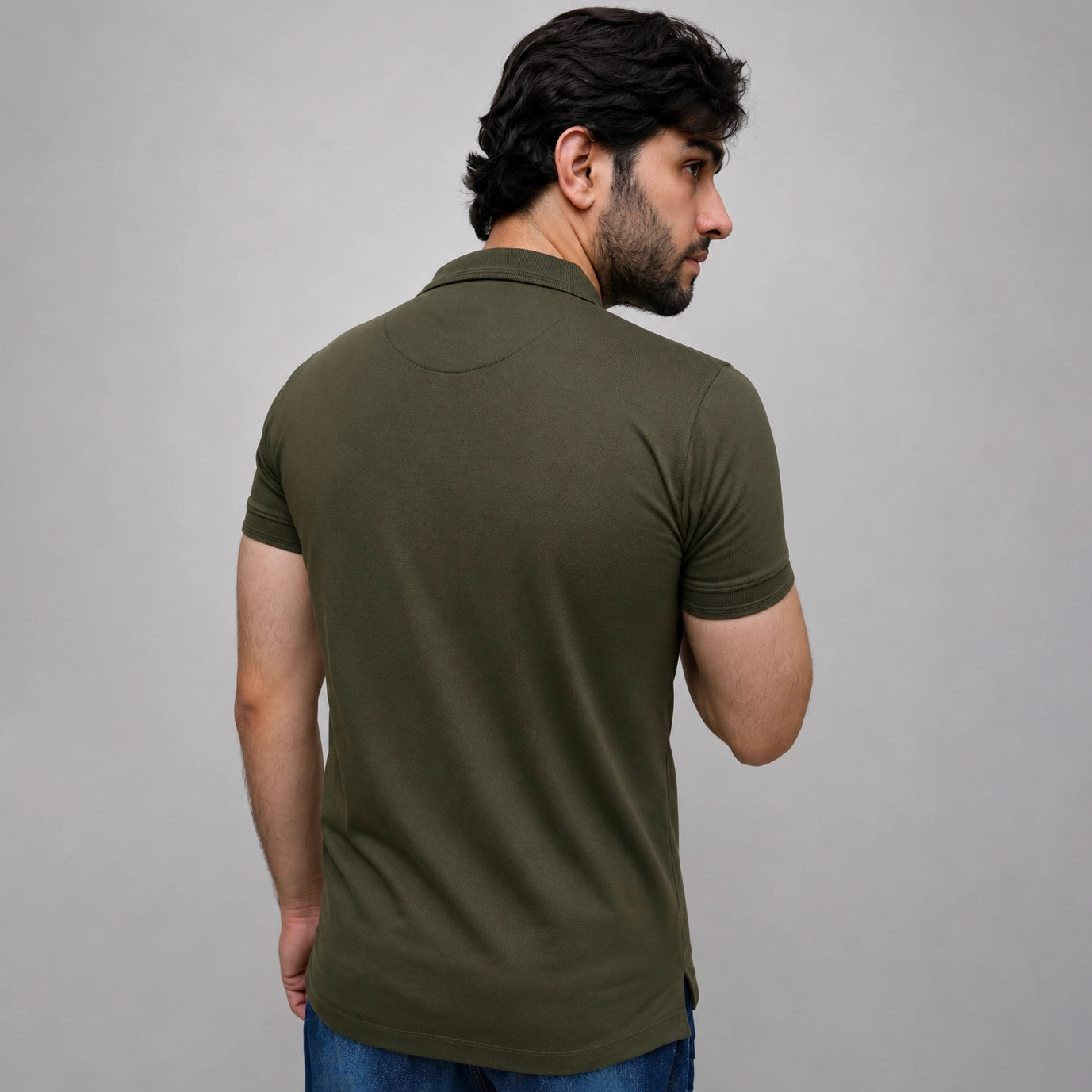 Men's olive polo shirt back view casual fit