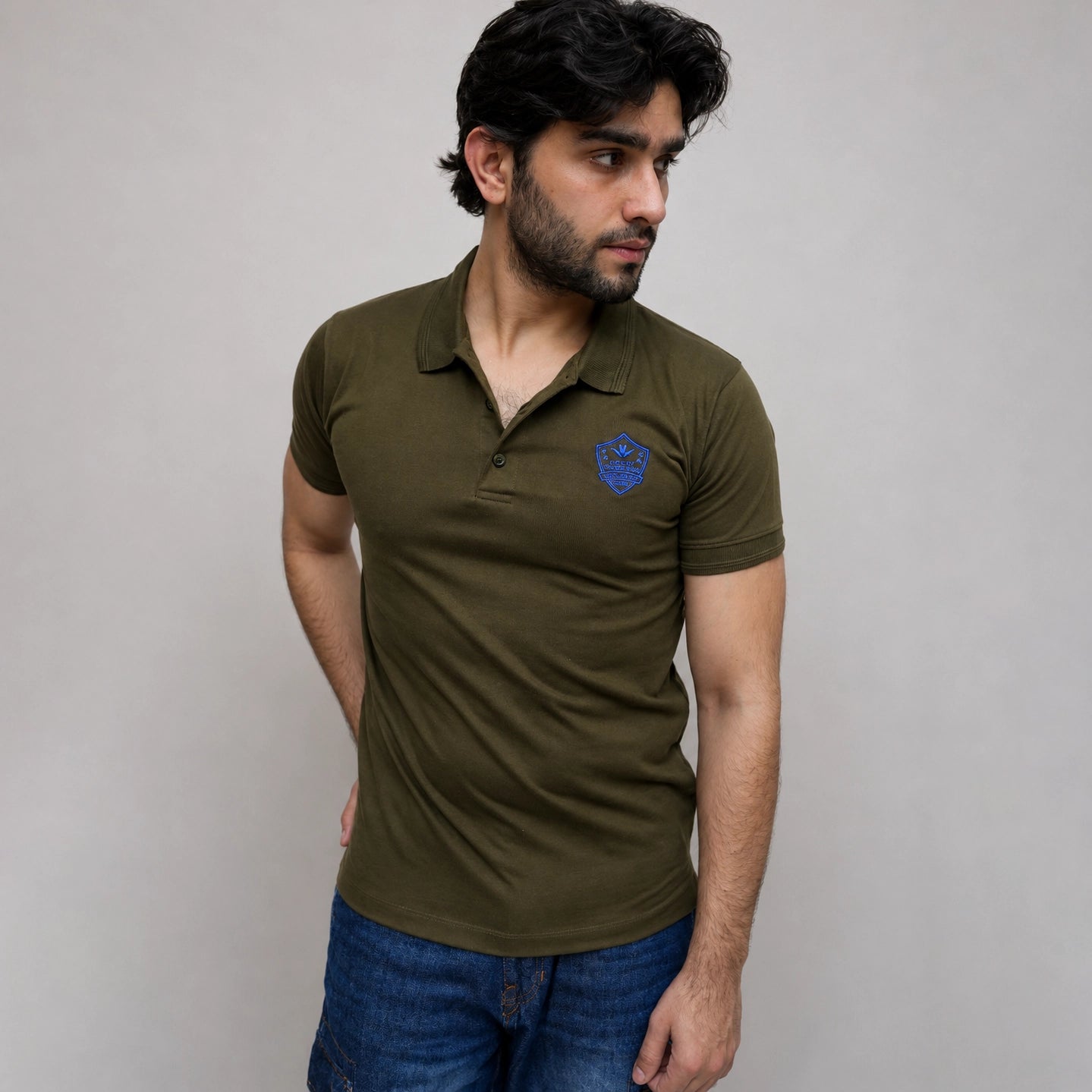 Olive embroidery polo shirt for men front view - ADAM Clothing