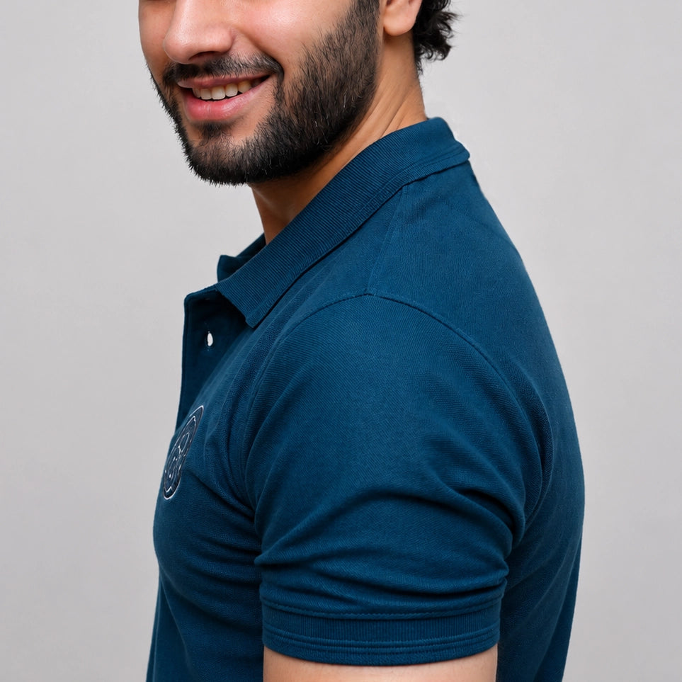 Ferozi polo shirt side view showing structured collar and tailored fit
