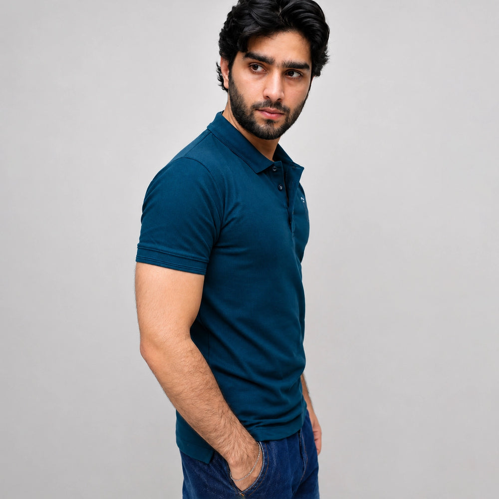 Ferozi polo shirt close-up showing chest embroidery detail, ADAM Clothing