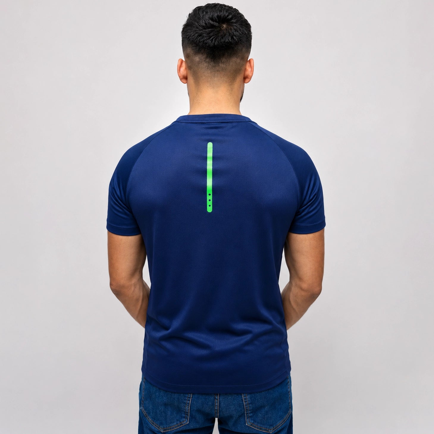 Navy graphic tee shirt back view mesh fabric texture