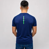 Navy graphic tee shirt back view mesh fabric texture