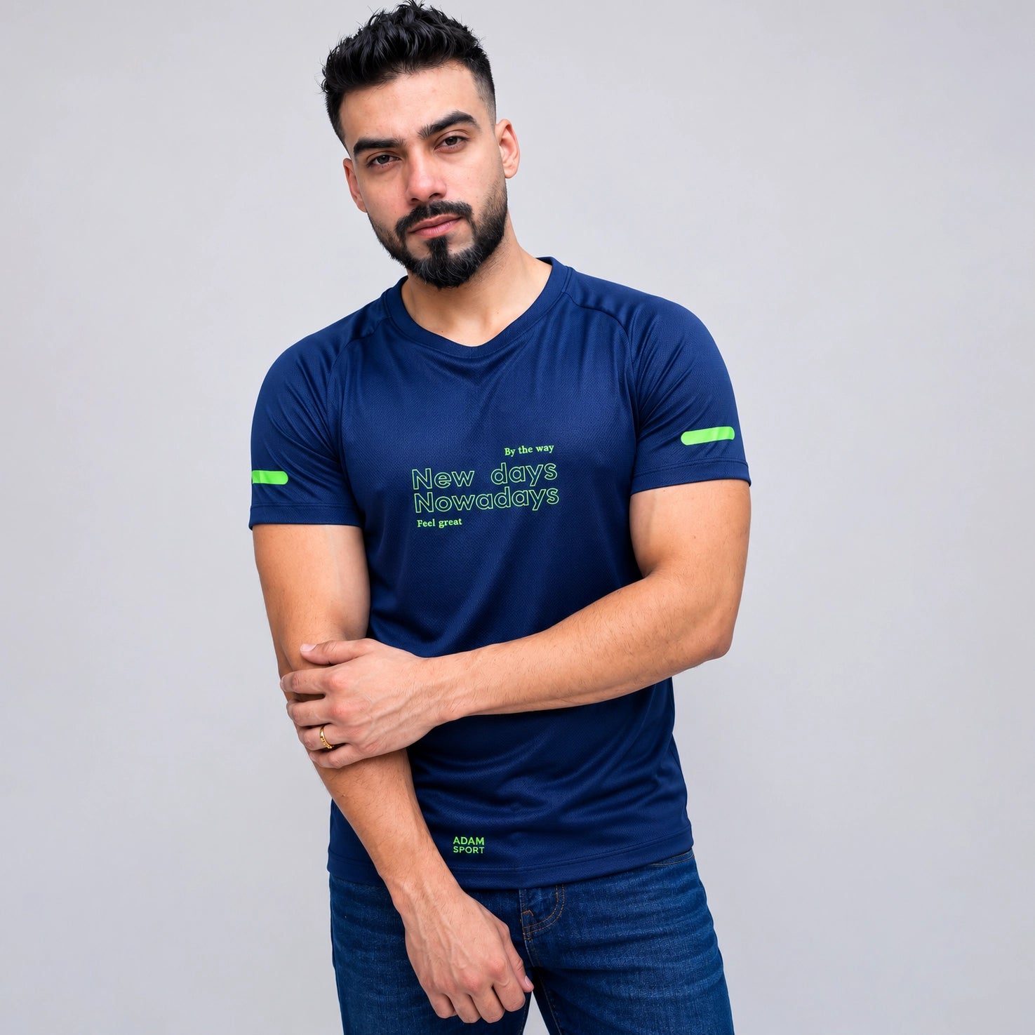 Navy graphic poly mesh tee shirt for men front view
