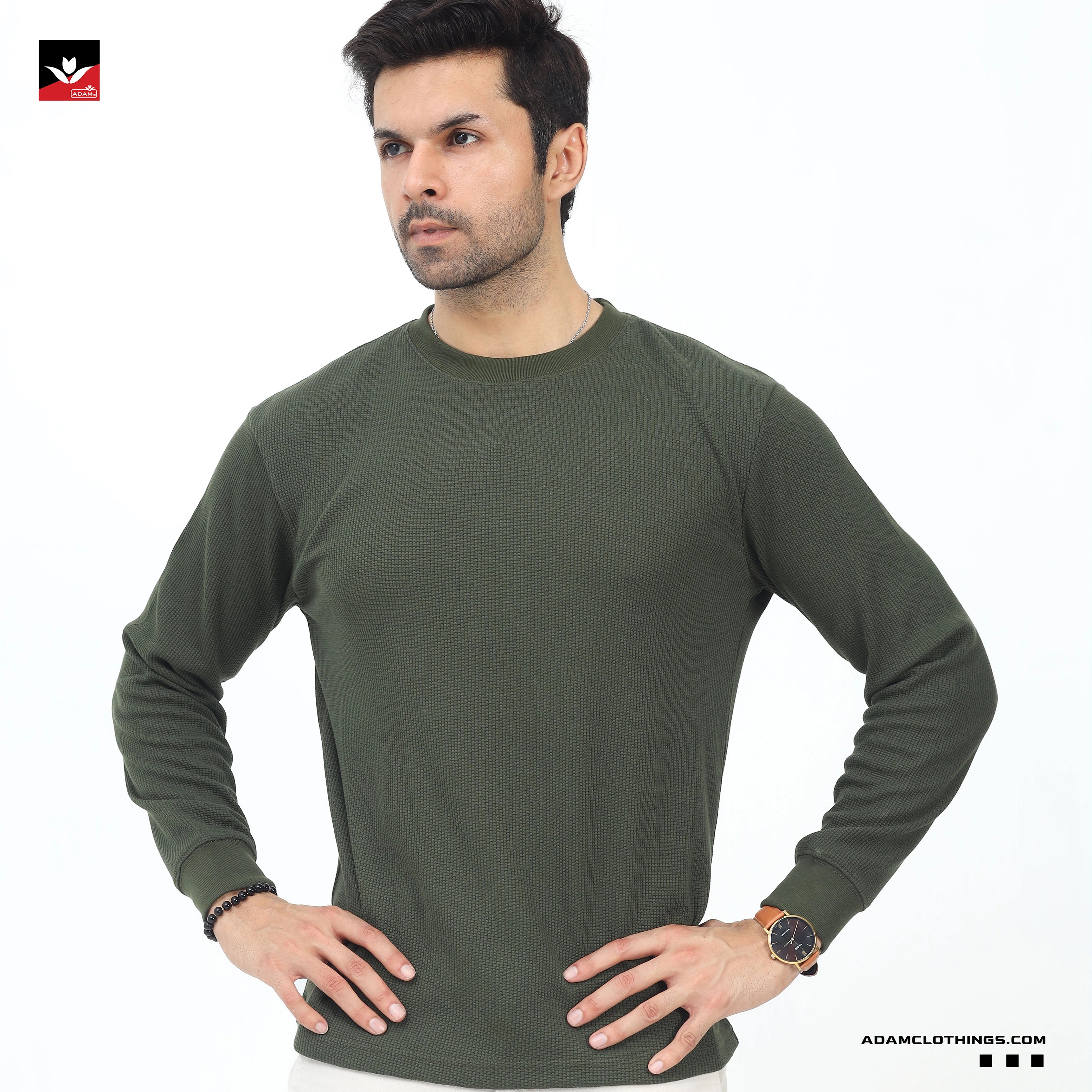 WAFFLE KNIT TEXTURED OLIVE SWEATSHIRT