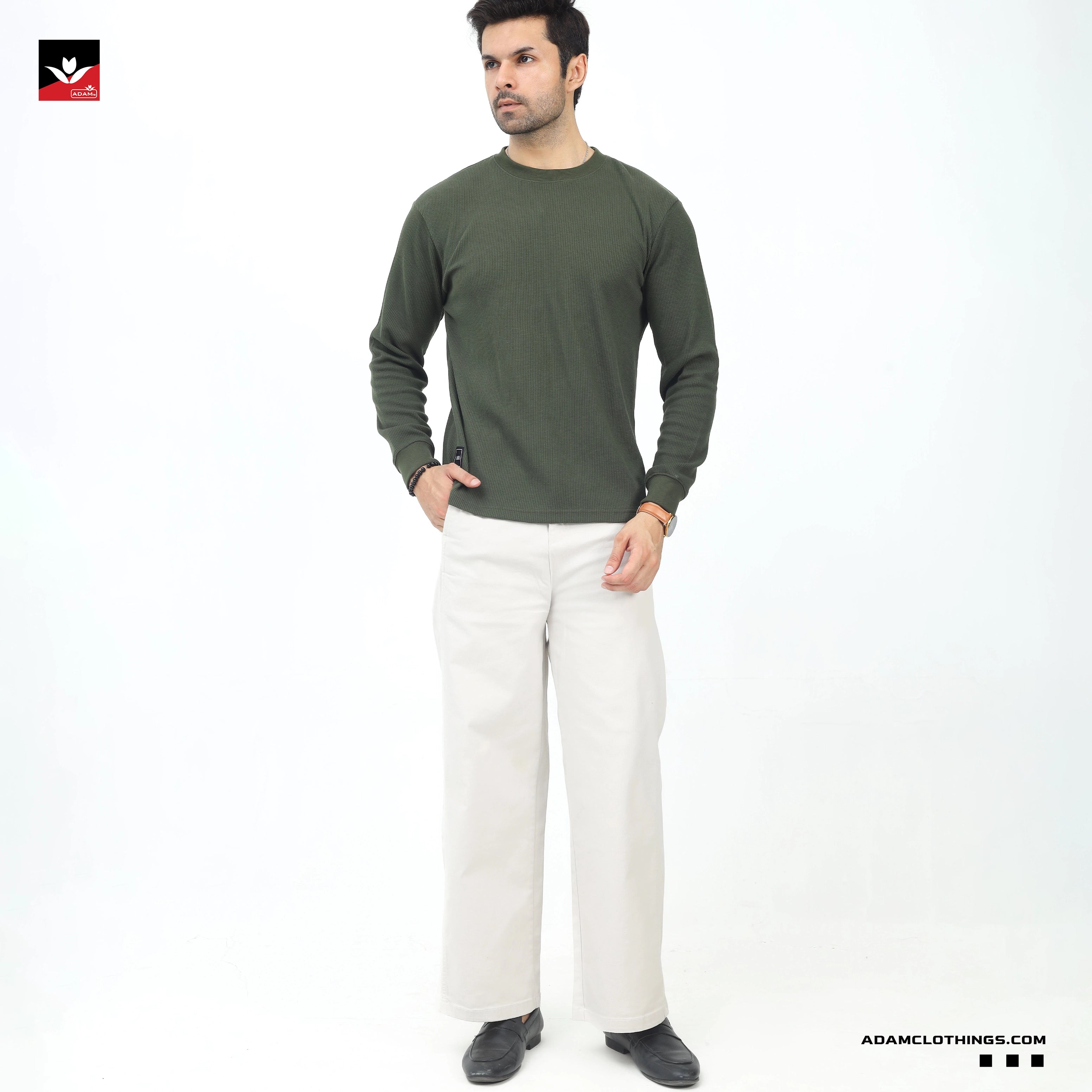 WAFFLE KNIT TEXTURED OLIVE SWEATSHIRT