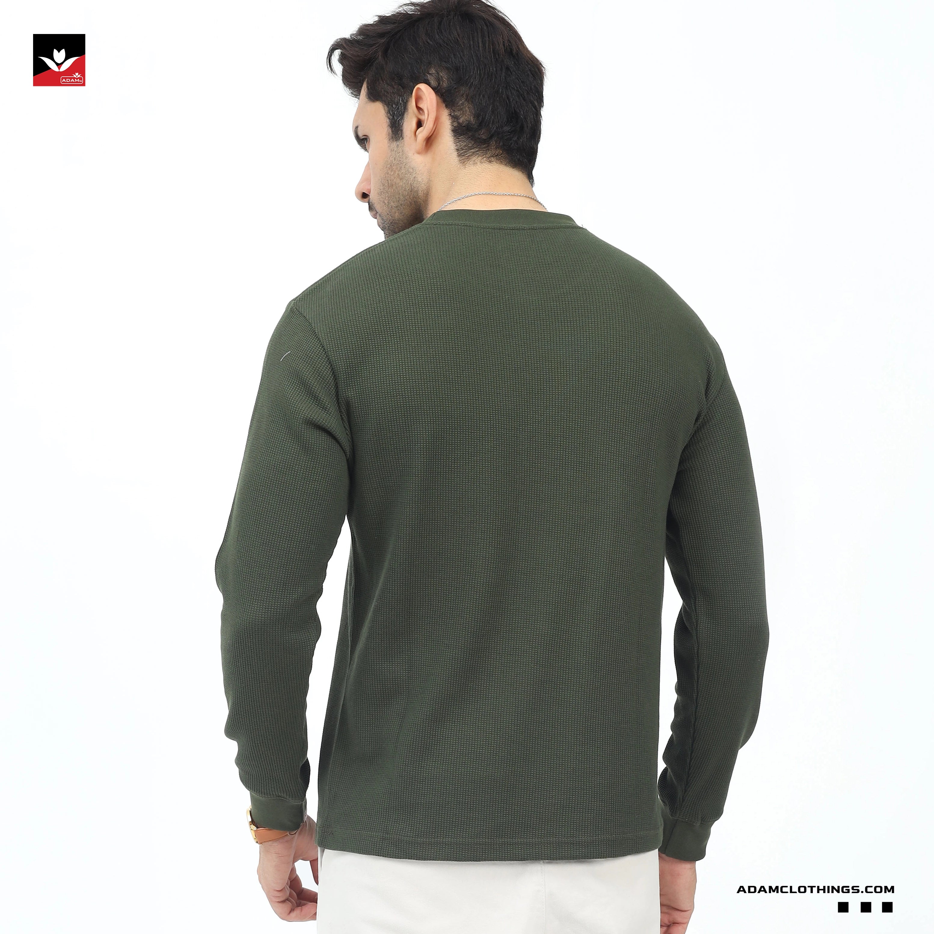 WAFFLE KNIT TEXTURED OLIVE SWEATSHIRT