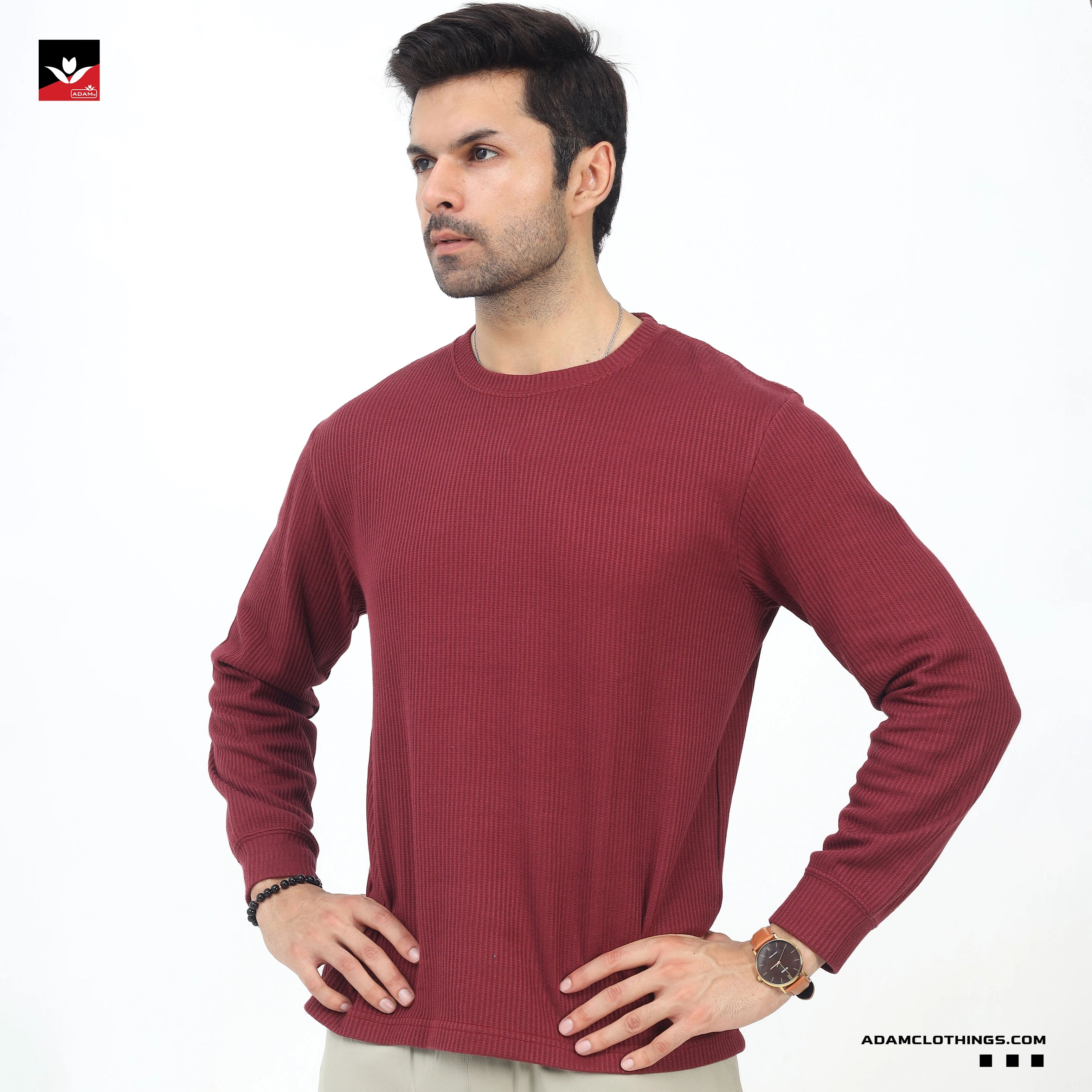 WAFFLE KNIT TEXTURED MEHROON SWEATSHIRT