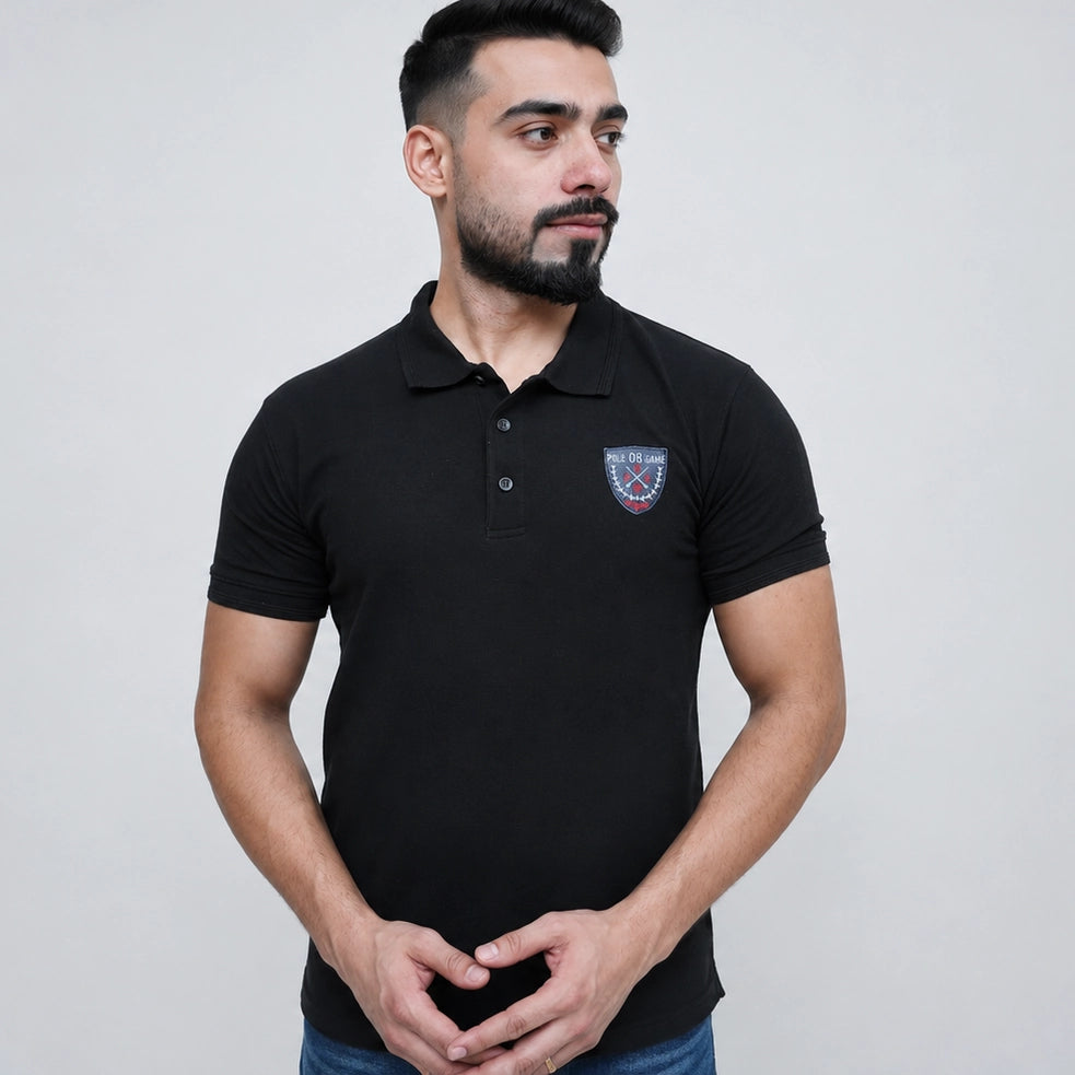 Black embroidery polo shirt for men, front view, soft cotton fit – ADAM Clothing2