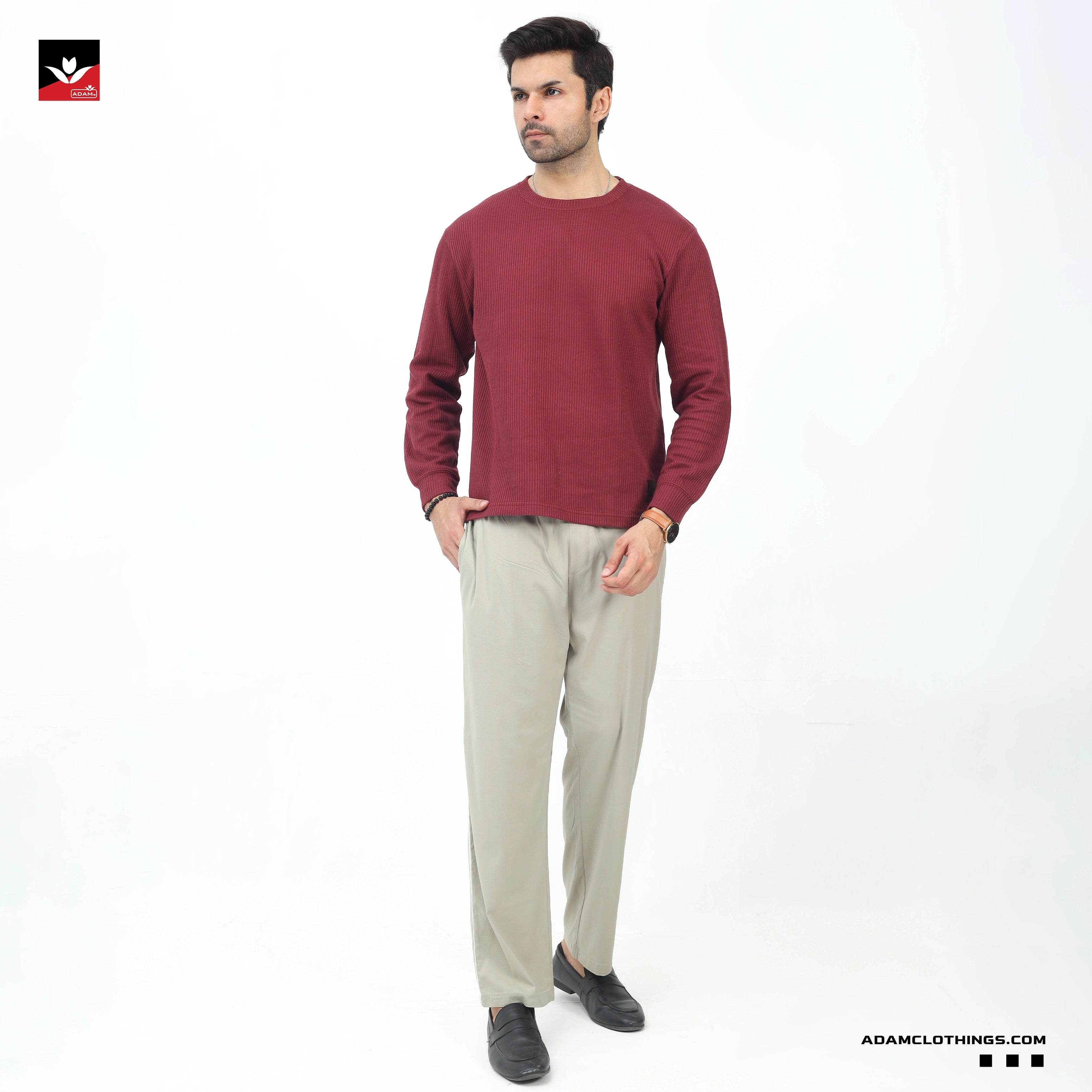 WAFFLE KNIT TEXTURED MEHROON SWEATSHIRT