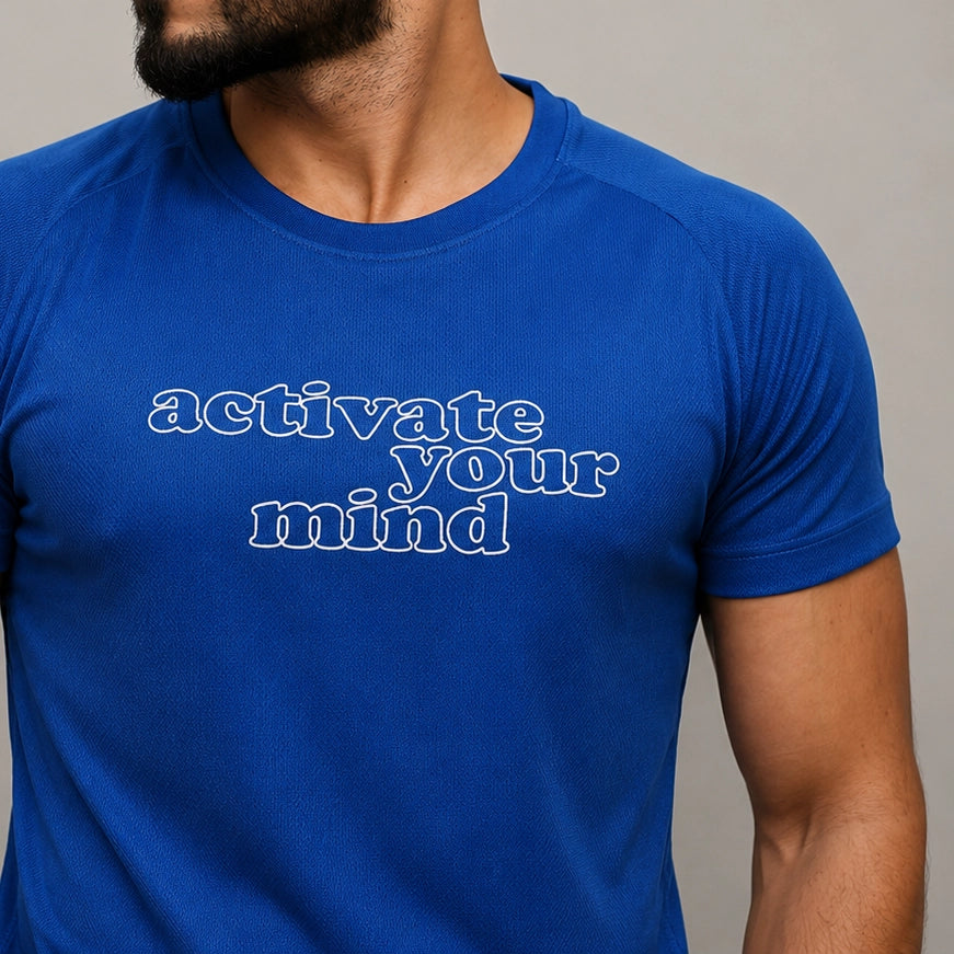 Close-up of poly mesh fabric texture on blue t shirt