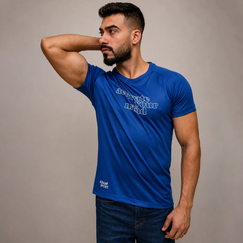 Blue t shirt for men in soft poly mesh fabric – front view
