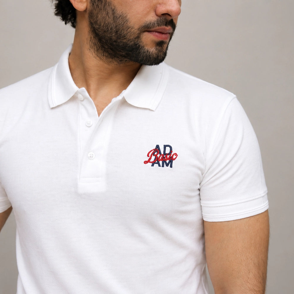 White polo shirt men chest embroidery detail close up