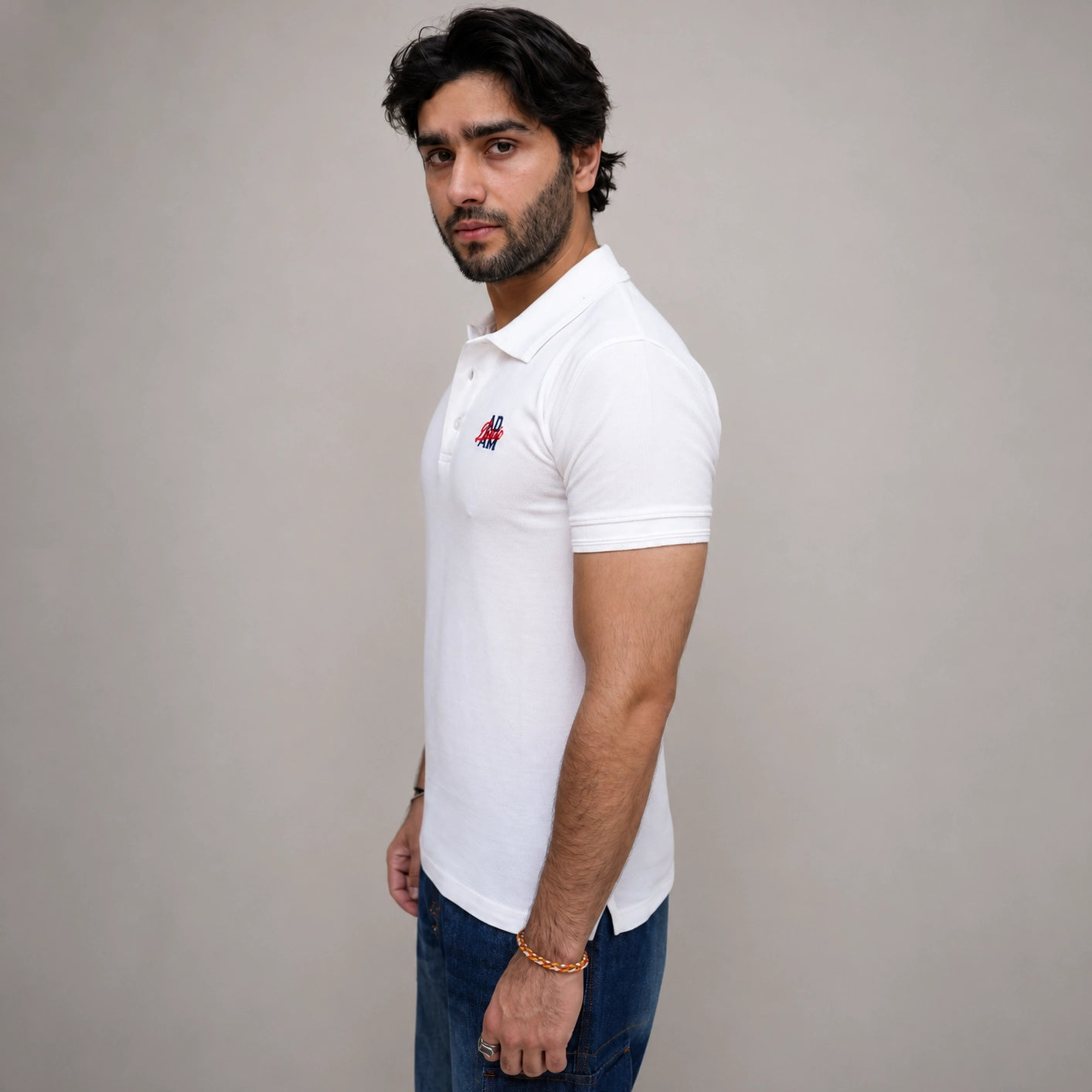 White embroidered polo shirt for men front view ADAM Clothing