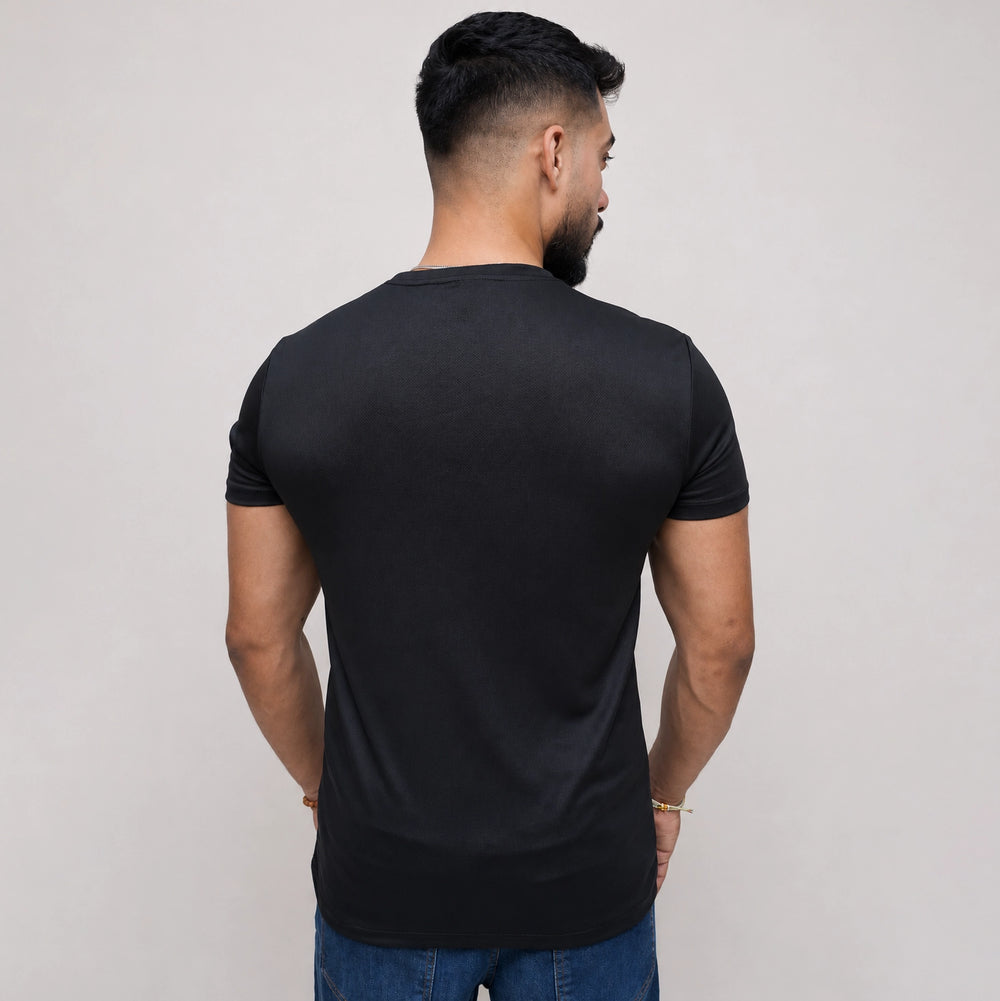 Black Poly Mesh Tee Shirt back view showing breathable fabric texture
