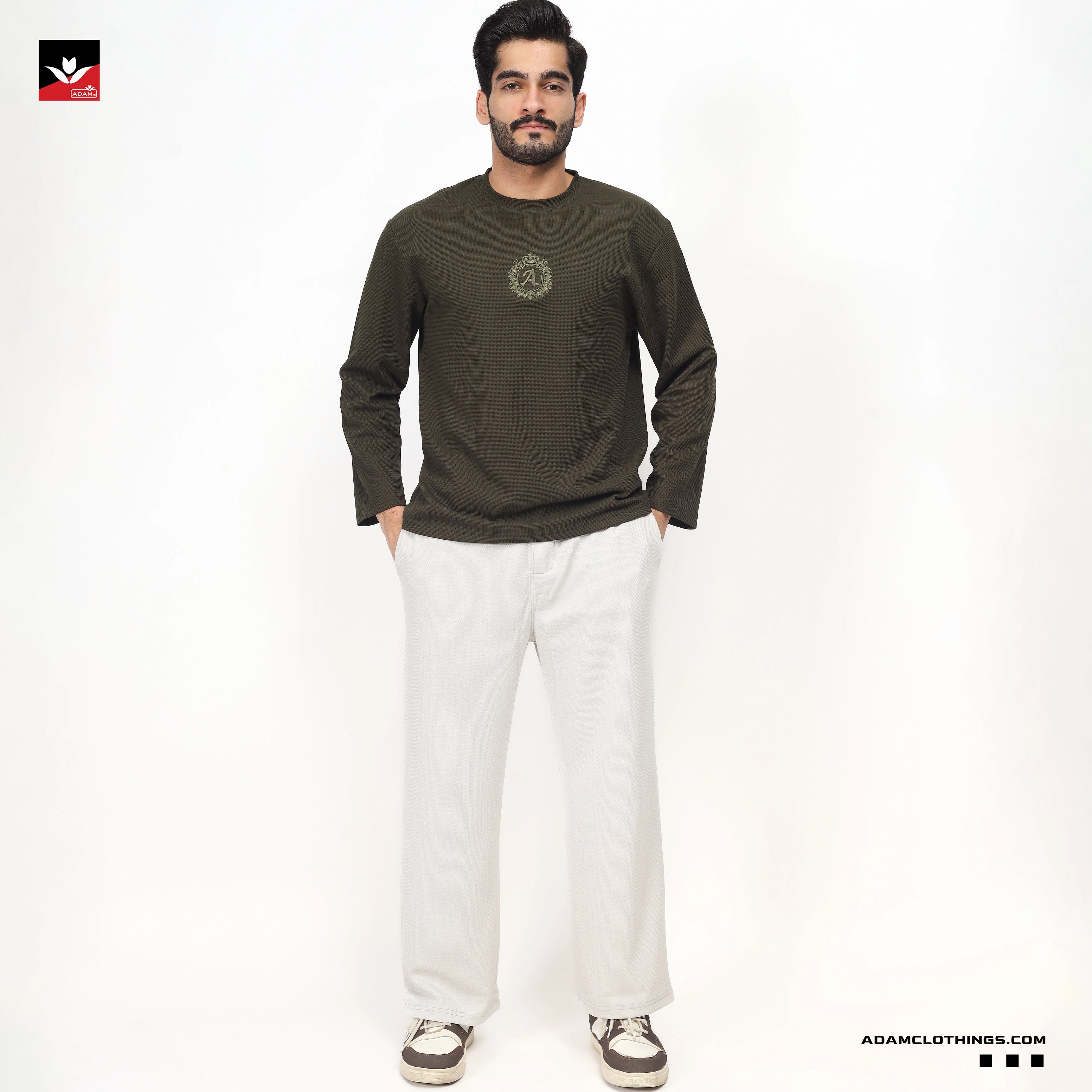 TEXTURED WAFFLE KNIT OLIVE SWEATSHIRT