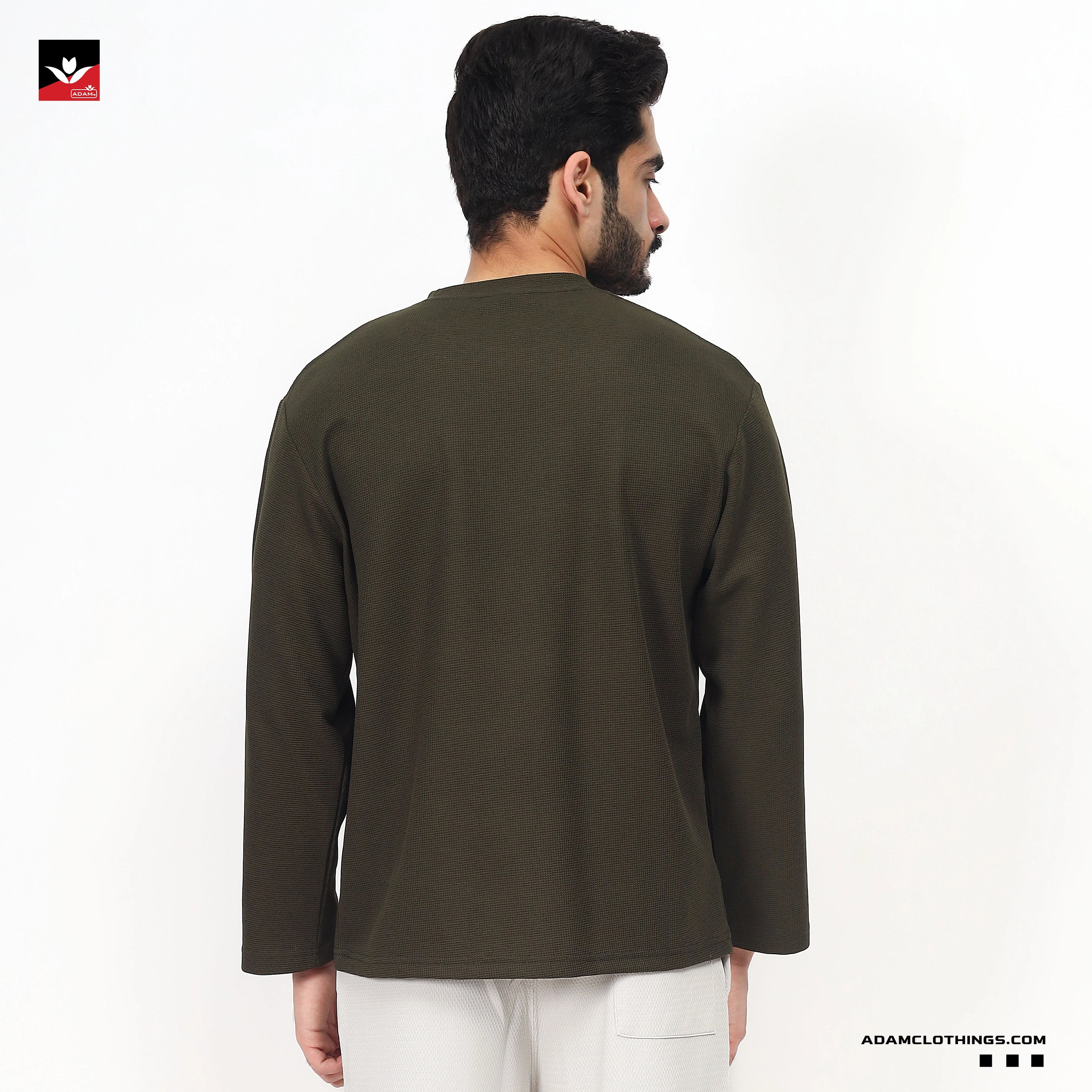TEXTURED WAFFLE KNIT OLIVE SWEATSHIRT