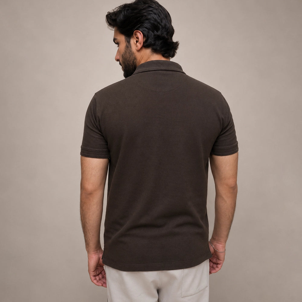 Brown polo shirt back view showing regular fit and ribbed cuff stitching