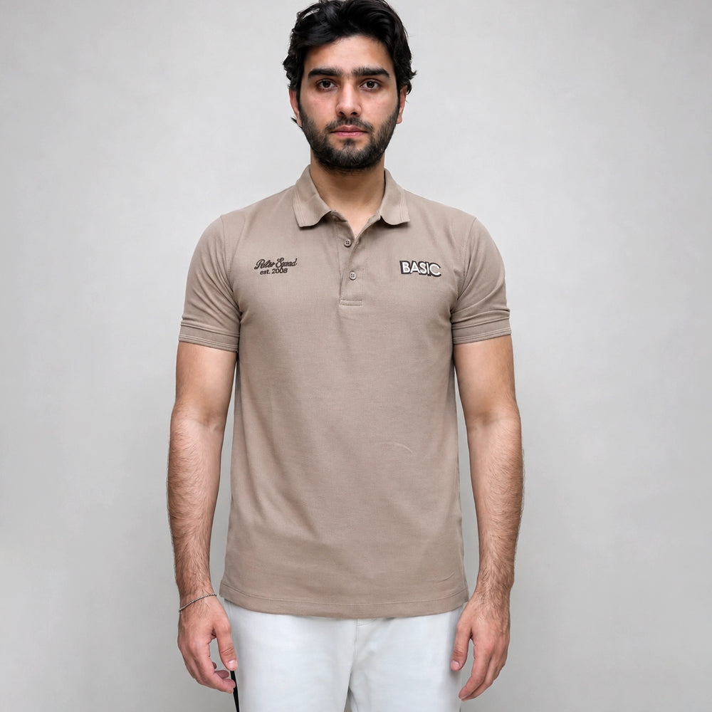 Beige embroidered polo shirt for men, front view, cotton fabric