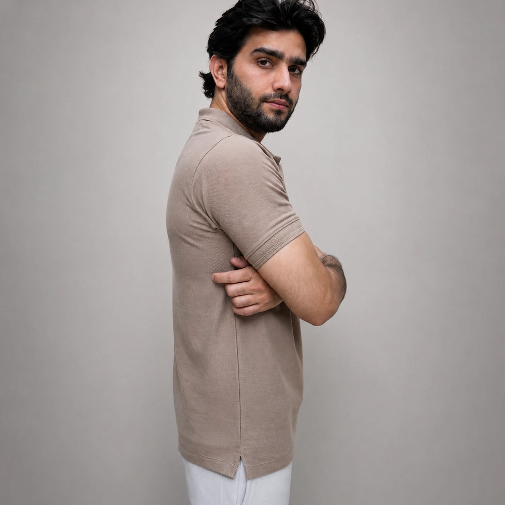 Beige polo shirt collar and stitching detail, men's casual wear