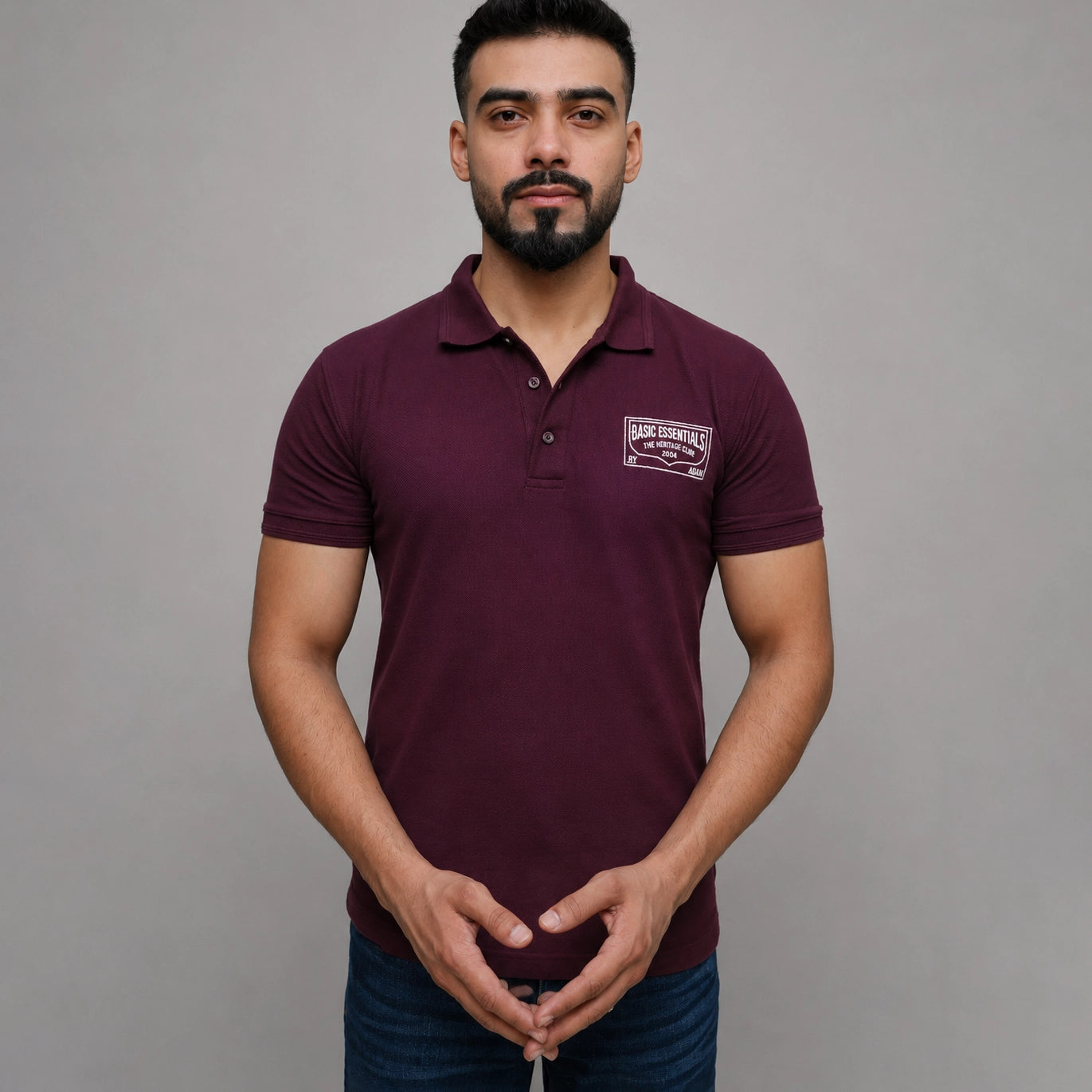Burgundy embroidery polo shirt for men, front view, ADAM Clothing