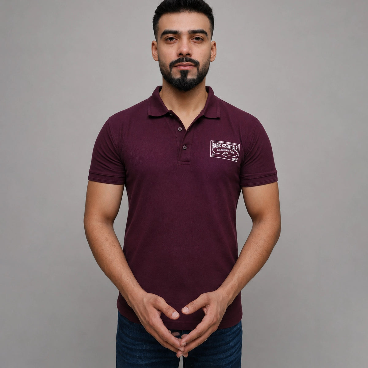 Burgundy embroidery polo shirt for men, front view, ADAM Clothing