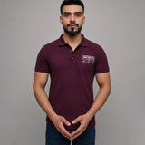 Burgundy embroidery polo shirt for men, front view, ADAM Clothing