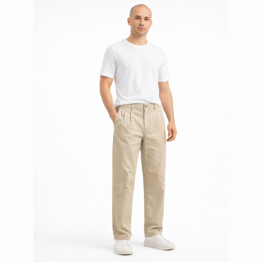 Men's beige chinos pants, relaxed fit cotton trousers with pleated front — Chinos_1b