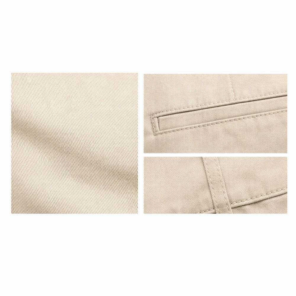 Men's beige chinos fabric close-up, cotton twill texture with back pocket and stitching detail — Chino_1c