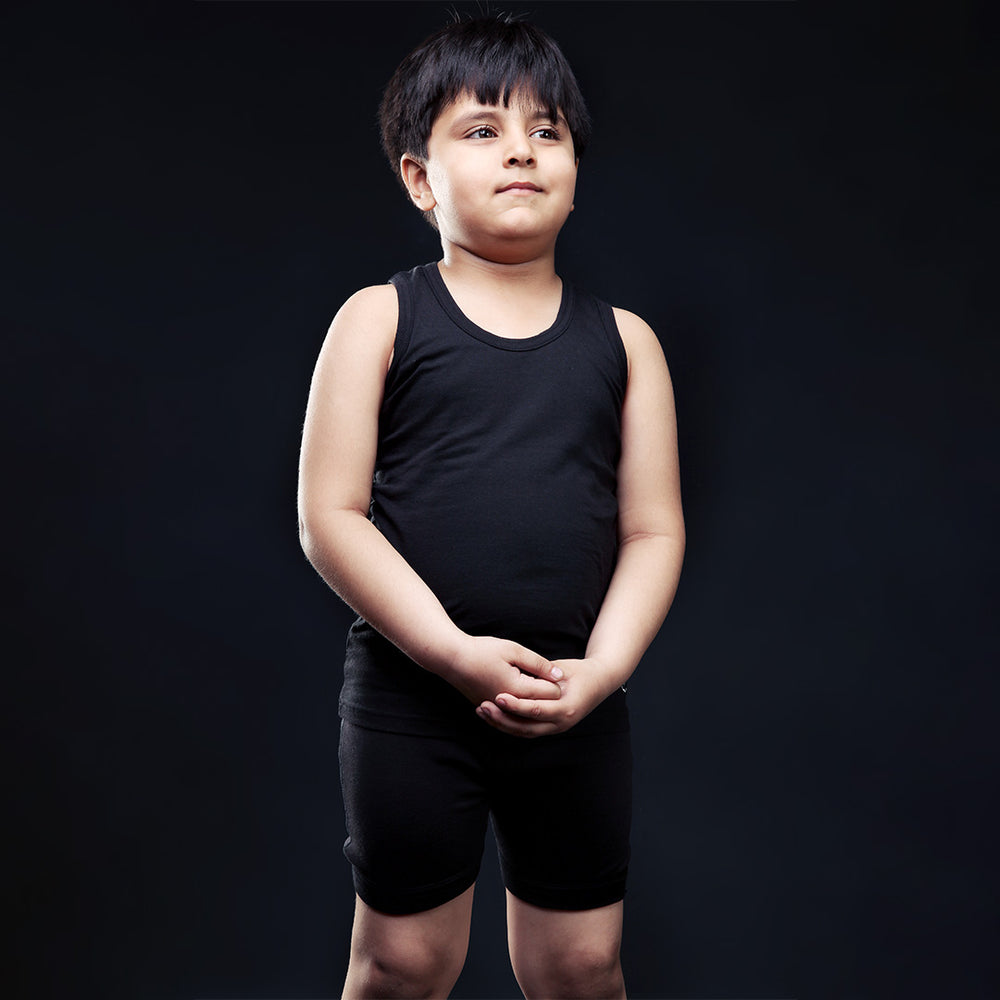 Boys' Black Casual Vest And Shorts Set - Front Standing Pose