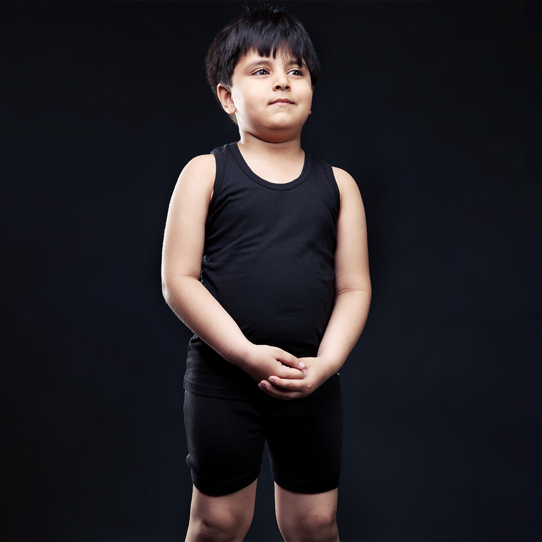 Boys' Black Casual Vest And Shorts Set - Front Standing Pose