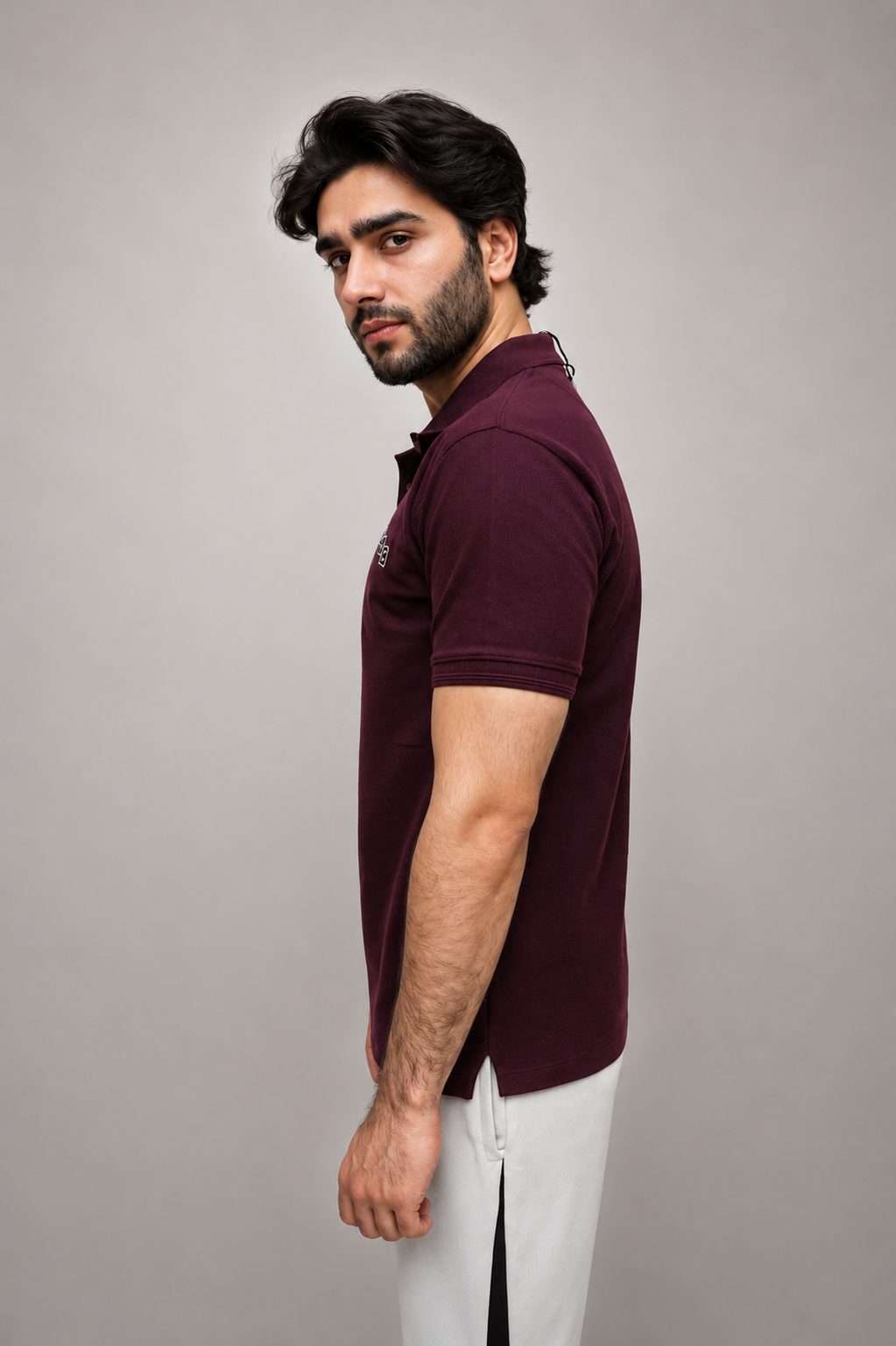 Maroon embroidery polo shirt for men side view 