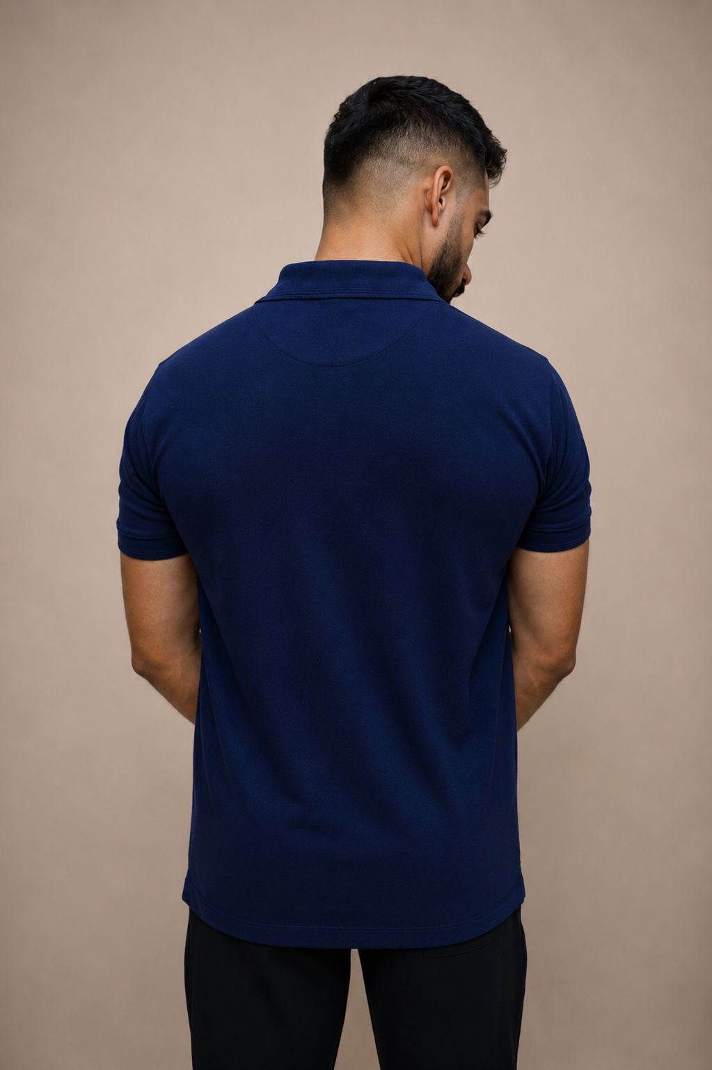 Navy embroidery polo shirt for men, back view, ADAM Clothing