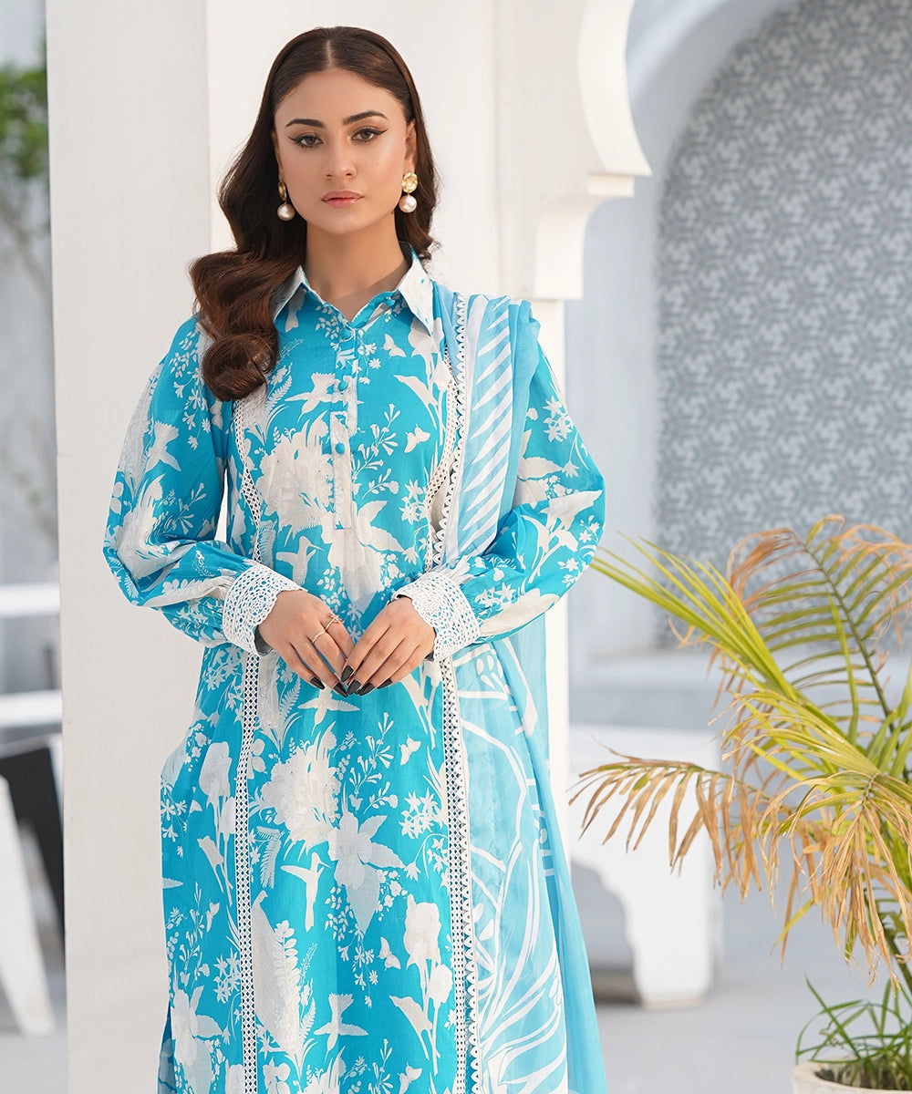 Blue floral printed kurta with trousers and dupatta, front full pose — Blue5