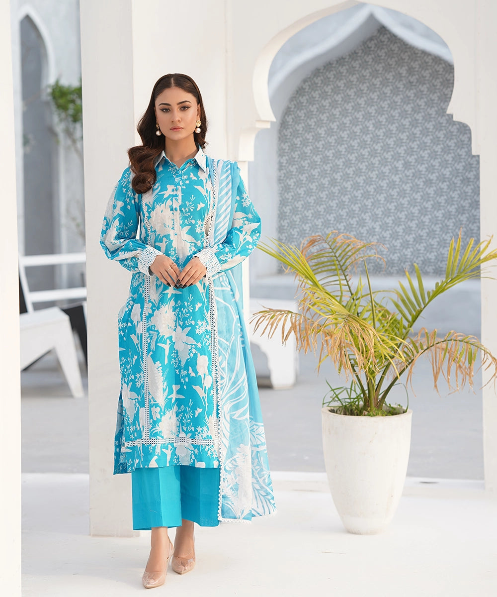 Blue floral printed kurta with trousers and dupatta, full front pose — Blue6