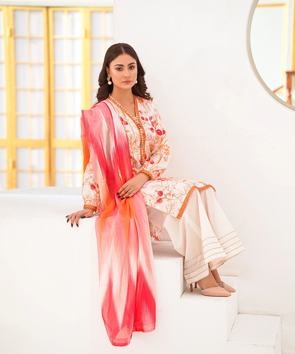Orange floral printed 3-piece suit with pink Ombre dupatta — Orange 14