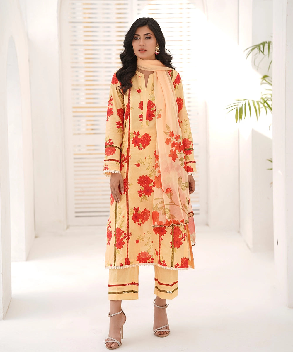 women orange floral embroidered 3 piece suit front view
