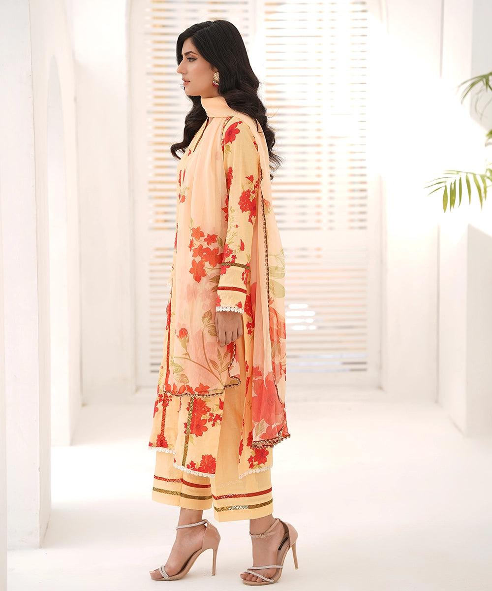 women orange embroidered suit full outfit view
