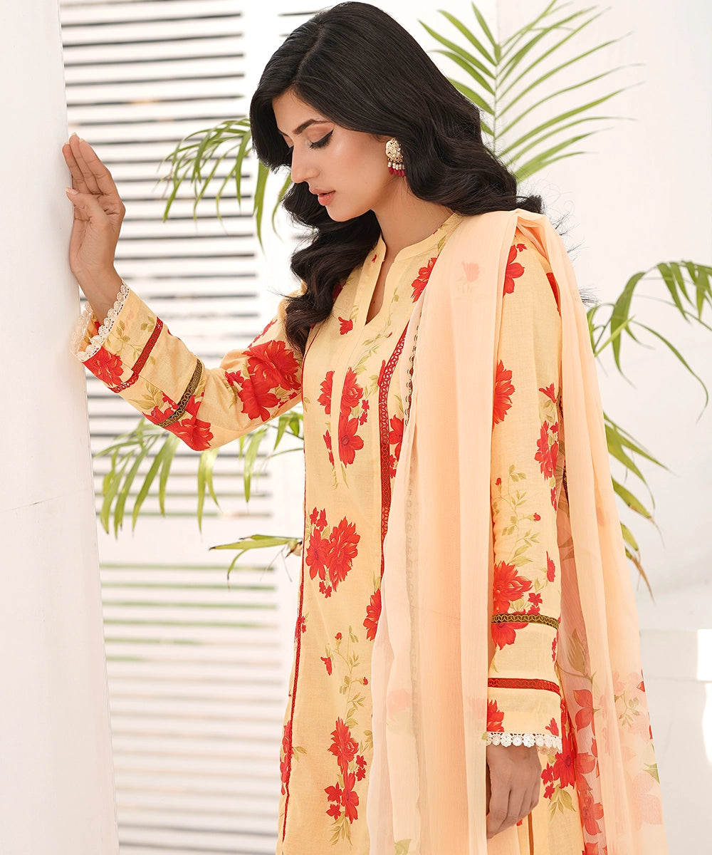 orange floral embroidered women suit fabric details
