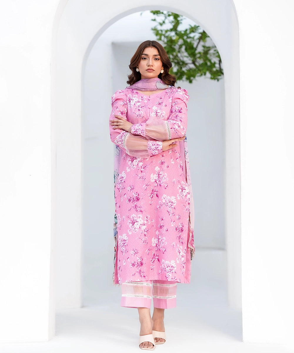 Pink floral printed kurta with white trousers and pink dupatta, full front pose — Pink-1