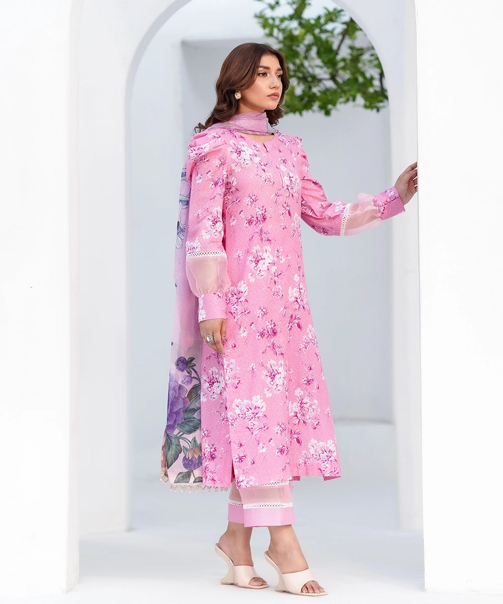 Pink floral printed kurta with pink dupatta, side standing pose — Pink-2
