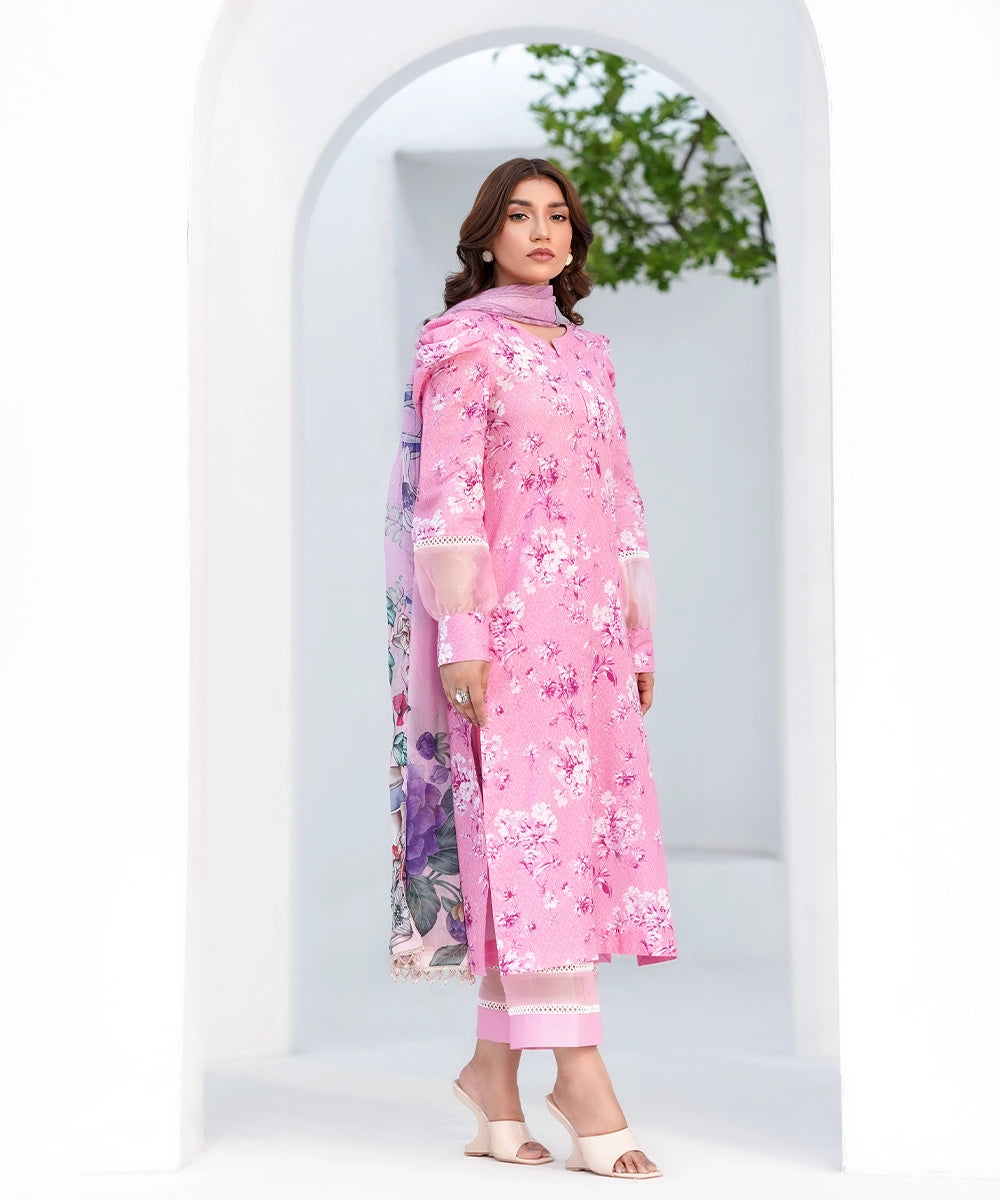 Pink floral printed kurta with pink dupatta, back view pose — Pink-4