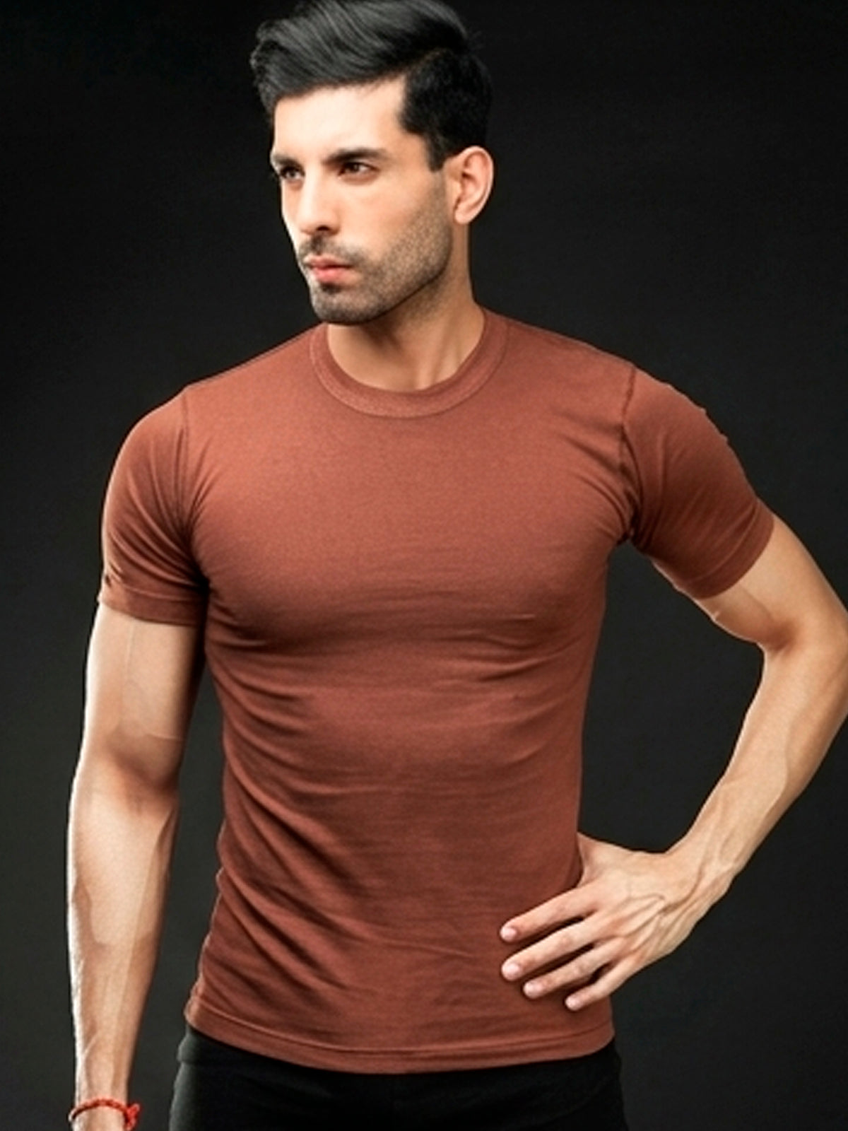 Men's brown round neck t-shirt, slim fit short sleeve cotton tee — Tyee