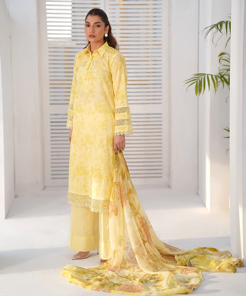 Yellow floral printed kurta with trousers and dupatta, full front pose — Yellow2