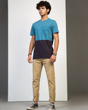 Front view of blue color block tee with chest pocket – ADAM men's collection

