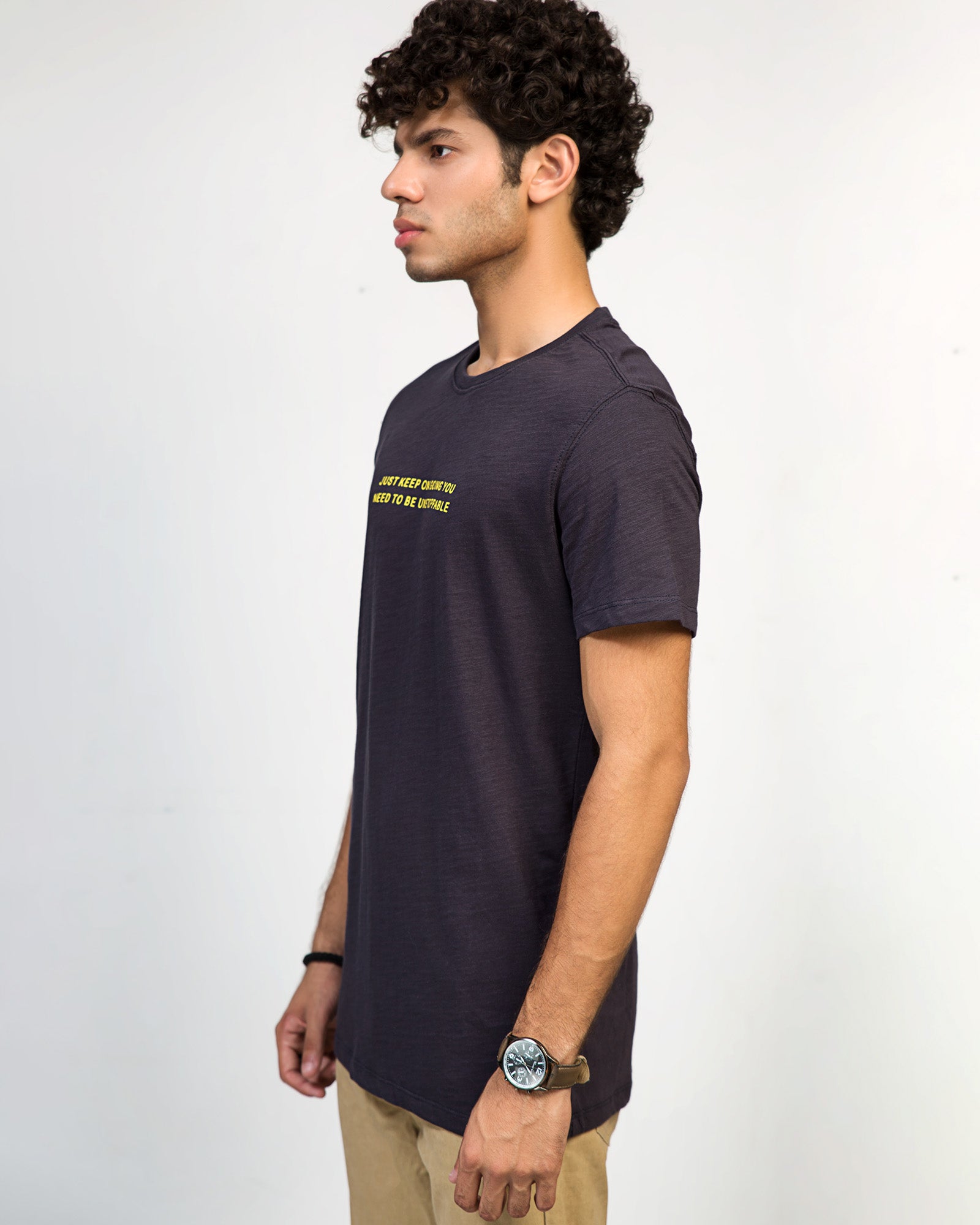 Men's navy t-shirt side view – regular fit slub jersey by ADAM Clothing